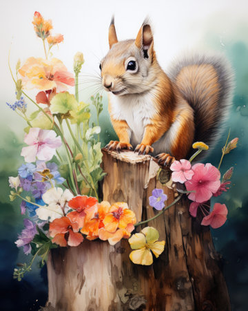 Cute squirrel sitting on a stump with colorful flowers. Watercolor paintingの素材