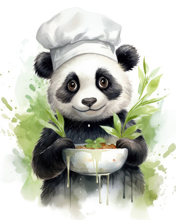 Panda chef. Watercolor illustration of a panda in a chef's hat.の素材