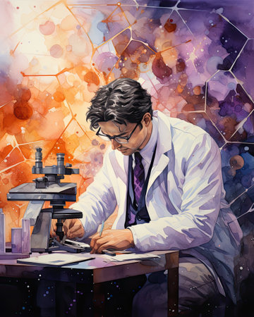 Scientist working with microscope in the laboratory. Digital painting illustration.の素材