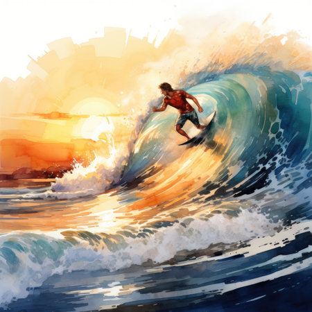 Surfer on the wave at sunset. Digital watercolor painting.の素材