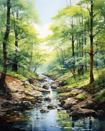 Digital painting of a river flowing through a forest in springtime.の素材