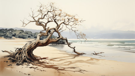 Illustration of an old tree on the beach with a sea in the backgroundの素材