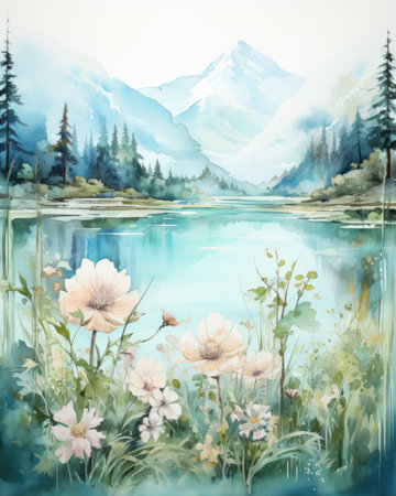 Watercolor painting of mountain landscape with flowers and lake. Hand drawn illustrationの素材