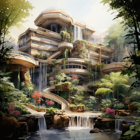 Watercolor painting of tropical garden with waterfall. Digital painting illustration.の素材