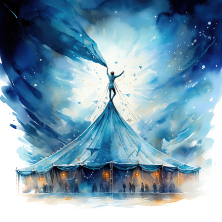 Watercolor illustration of a circus tent with a silhouette of a manの素材