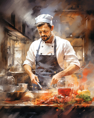 Digital painting of a chef preparing a dish in a restaurant kitchen.の素材