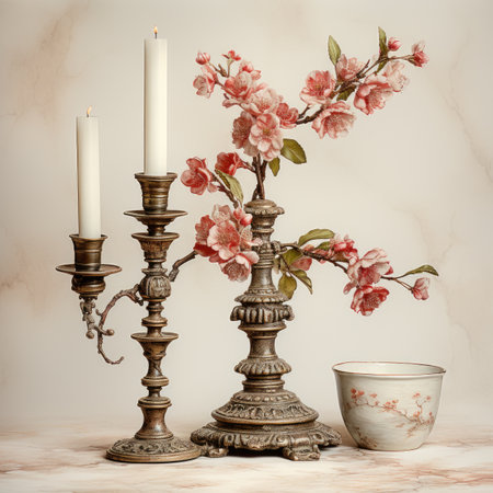 Vintage candlestick with blooming cherry branches and burning candlesの素材