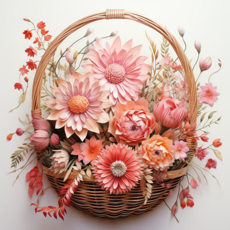 Flower bouquet in a wicker basket on a white backgroundの素材