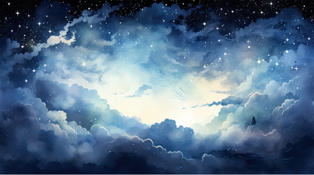Night sky background with clouds and stars. Watercolor painting illustration.の素材