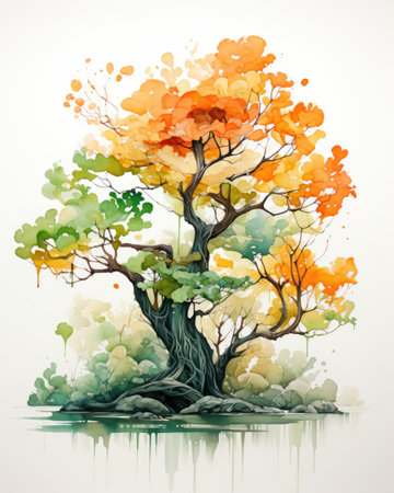 Colorful autumn tree on white background with watercolor splashes.の素材
