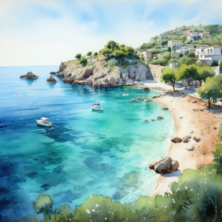 Beautiful seascape with turquoise water and white sand beach. Digital painting.の素材
