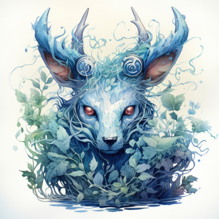 Watercolor illustration of a goat with blue eyes and blue hair.の素材