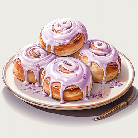 Cinnamon rolls with icing on a plate. 3d rendering.の素材