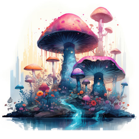 Fantasy landscape with magic mushrooms. Watercolor illustration for your designの素材