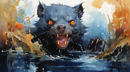 Digital painting of a black wolf howling at the camera in the waterの素材