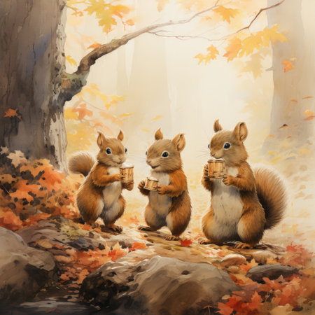 Three squirrels in the autumn forest with a cup of hot coffeeの素材