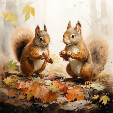 Two squirrels with a nut in their hands on an autumn backgroundの素材