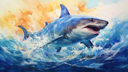 Great white shark jumping out of the ocean. 3D illustration.の素材