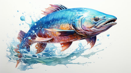 Illustration of a rainbow trout swimming in the water with splashesの素材