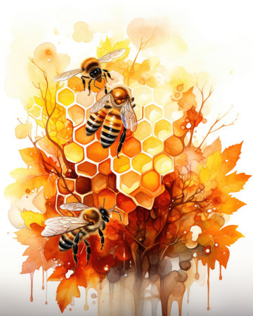Honeycomb with bees and autumn leaves, watercolor illustration.の素材