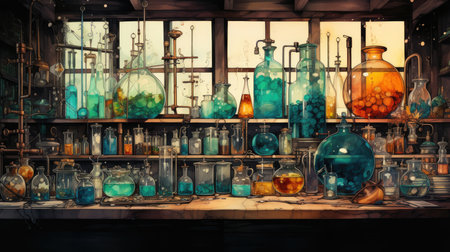 Laboratory glassware with colorful liquids. Concept of science and chemistryの素材