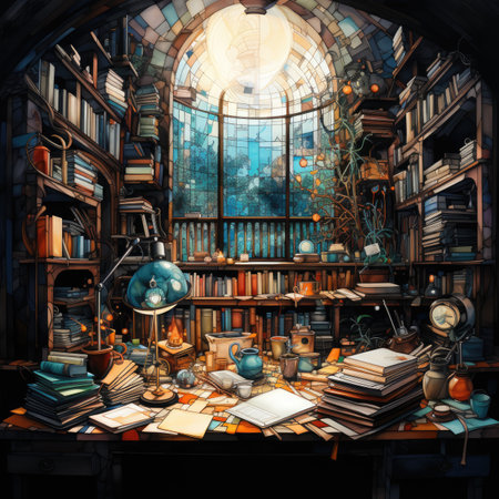 Interior of the library with books and a large window. Digital paintingの素材