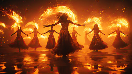 Flaming Fire Show with Dancing Women in the water. Vintage styleの素材