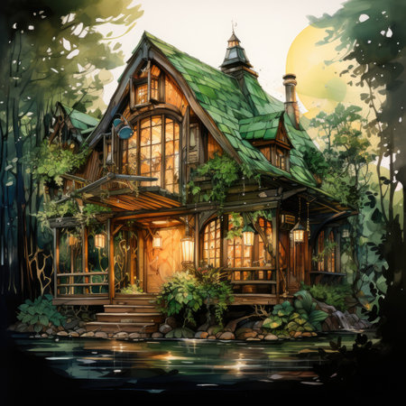 Beautiful wooden house in the forest at sunset. Digital painting.の素材