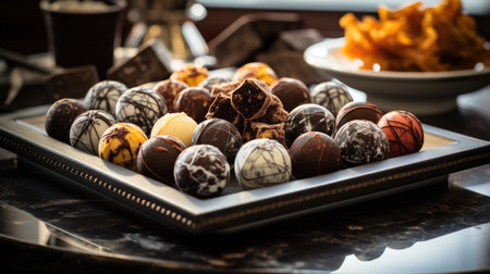 Variety of chocolates on a plate. Selective focus. Toned.の素材