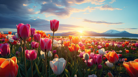 Tulip field at sunset. Beautiful spring landscape with blooming flowers.の素材