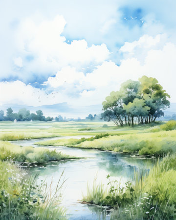 landscape with river, trees and blue sky. Digital painting.の素材