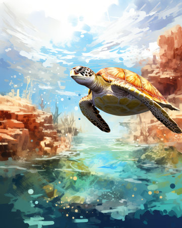 Sea turtle swimming in the ocean. Illustration of a sea turtle.の素材
