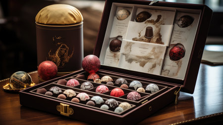 Box of chocolates on a wooden table in a restaurant.の素材