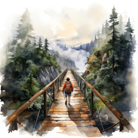 Hiker on a wooden bridge in the mountains. Watercolor paintingの素材