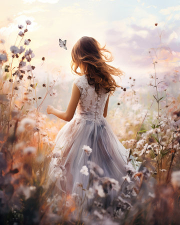 Beautiful girl in a long white dress in a field of flowersの素材