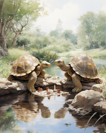 tortoise couple in the water on a background of greeneryの素材
