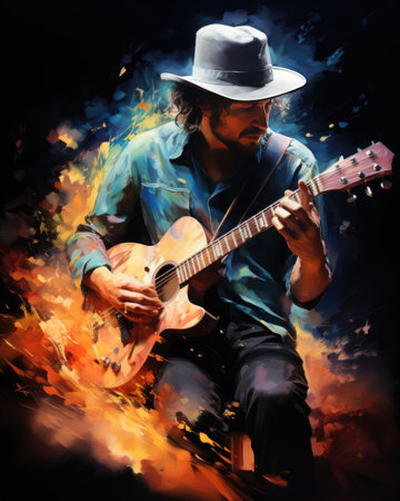 Young man playing the guitar on fire background. Guitarist in hat.の素材