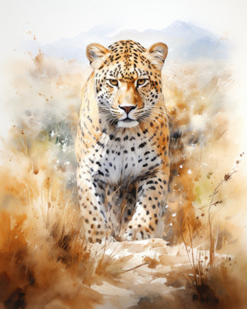 Watercolor painting of a leopard in the wild. Digital painting.の素材