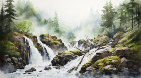 Waterfall in the forest. Digital painting. Waterfall in the forest.の素材