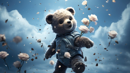 Teddy bear with flowers flying in the sky. 3d renderingの素材