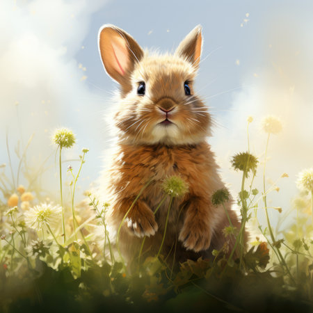 Cute little bunny sitting on a meadow with dandelionsの素材