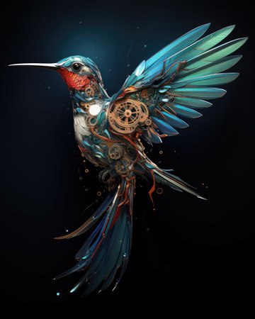 Colorful hummingbird on a black background. 3D illustration.の素材