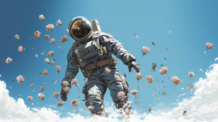 Astronaut in spacesuit and flowers flying in sky. Mixed mediaの素材