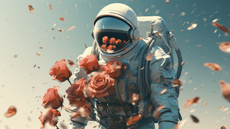 Astronaut in spacesuit and red roses flying in air. Mixed mediaの素材