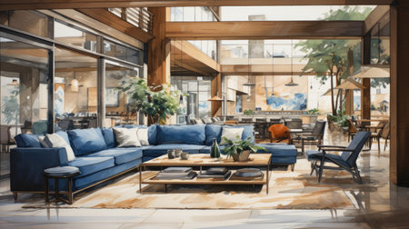 Interior of modern living room with blue sofa and coffee table.の素材