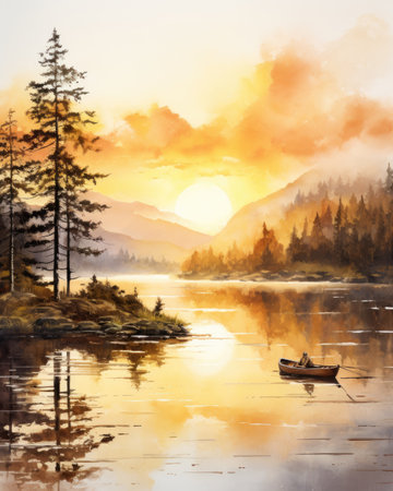 Digital painting of a lake in the mountains with a boat at sunsetの素材