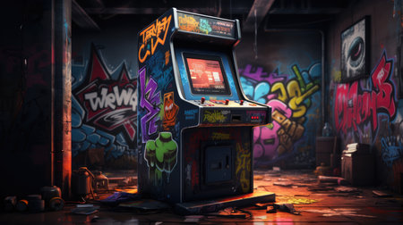Vintage arcade machine in a dark abandoned building. 3d renderingの素材