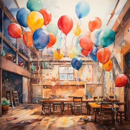 Watercolor painting of a cafe interior with colorful balloons. Vintage style.の素材
