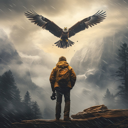 Bald eagle flying over a photographer in the mountains in the rainの素材