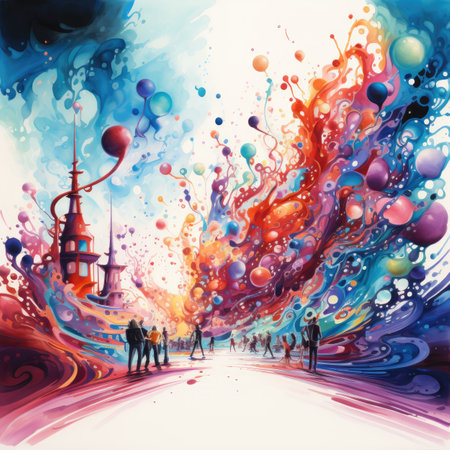 Abstract watercolor background with people walking on the street. Vector illustration.の素材